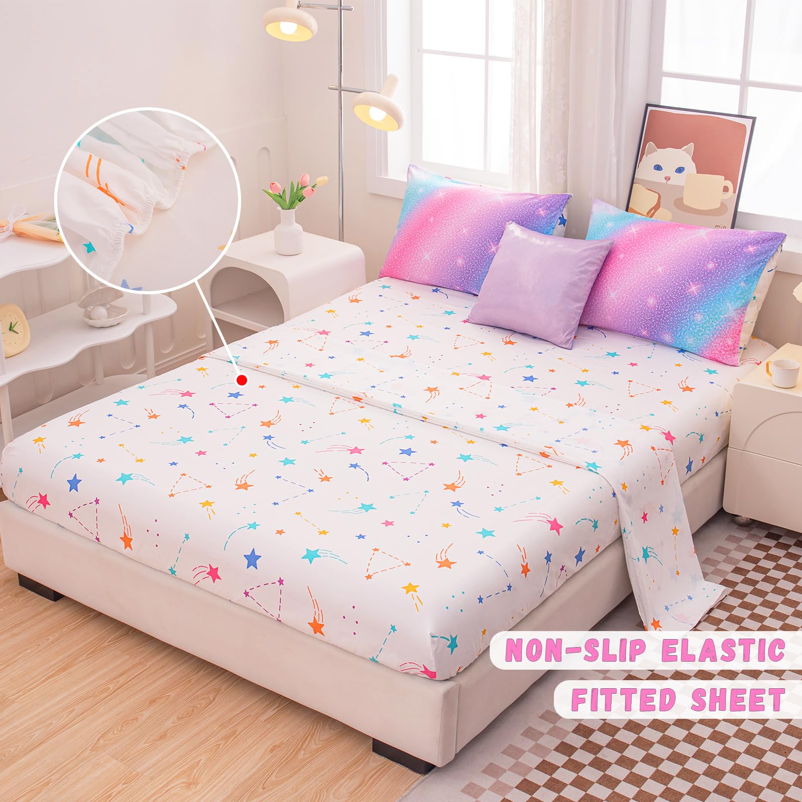 Full Size Bedding Sets Glitter Galaxy Bedding 6 Pieces Bed in A Bag Full Size,Kids Comforter Sets Rainbow Comforter,Full Size Bed Sheets and Comforter Set for Girls