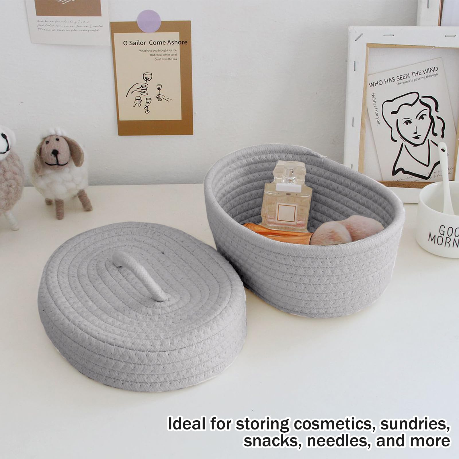 Desktop Storage Box with Lid, Handmade Cotton Rope Storage Basket for Makeup Sundries Snack Needles(Gray)