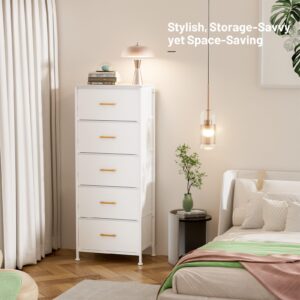 YILQQPER Tall Dresser with 5 Drawers, White Dresser for Bedroom, Tall Storage Tower for Closet, Nursery, Dorm, Dresser Organizer with Sturdy Steel Frame, Fabric Bins, Leather Finish, Wood Top, White