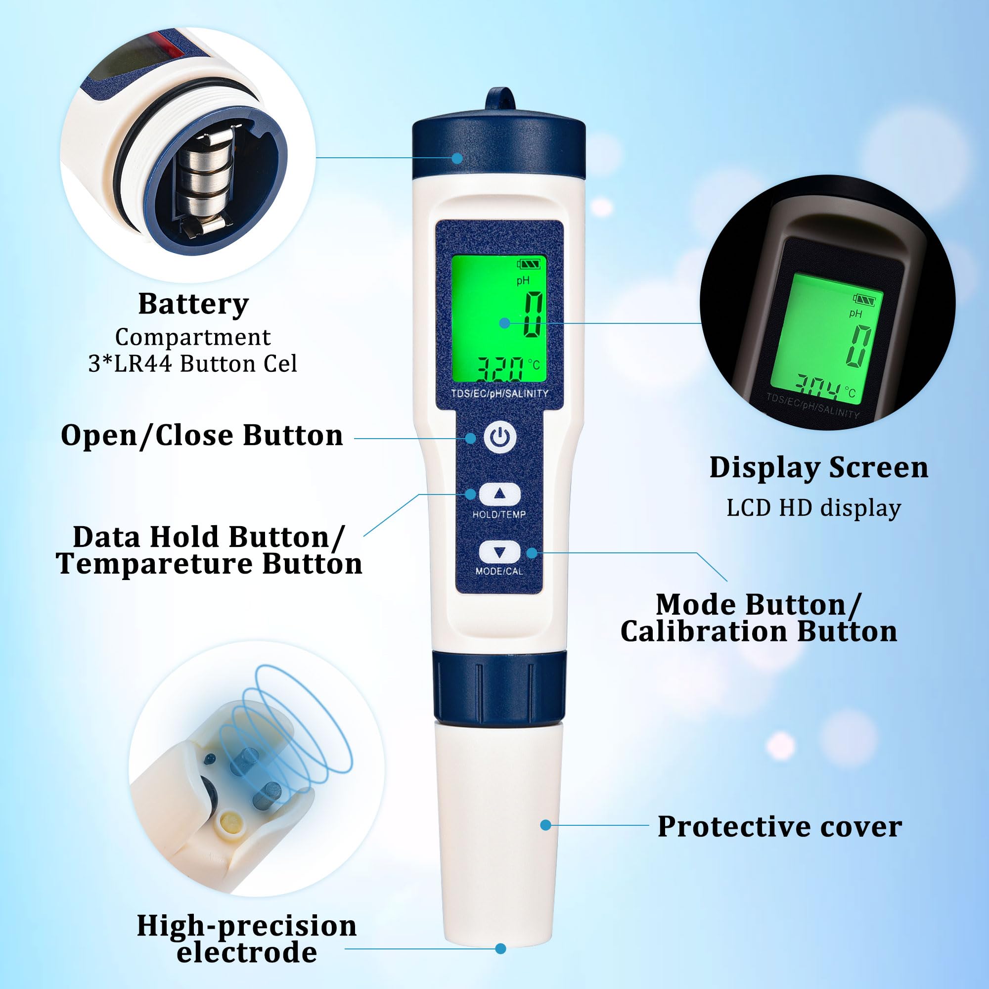 Yoption Pool Salt Tester & PH Meter, 5 in 1 Digital Salinity PH Temp EC and TDS Meter for Pool Saltwater, Drinking Water, Indoor Garden, Fish Tank, Hydroponics, Plants