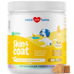 omega 3 fish oil for dogs - skin & coat supplement with cod liver oil, algae oil, epa & dha fatty acids for dog shedding, itch relief, hot spots, skin allergy, joint & heart support - 90 soft chews