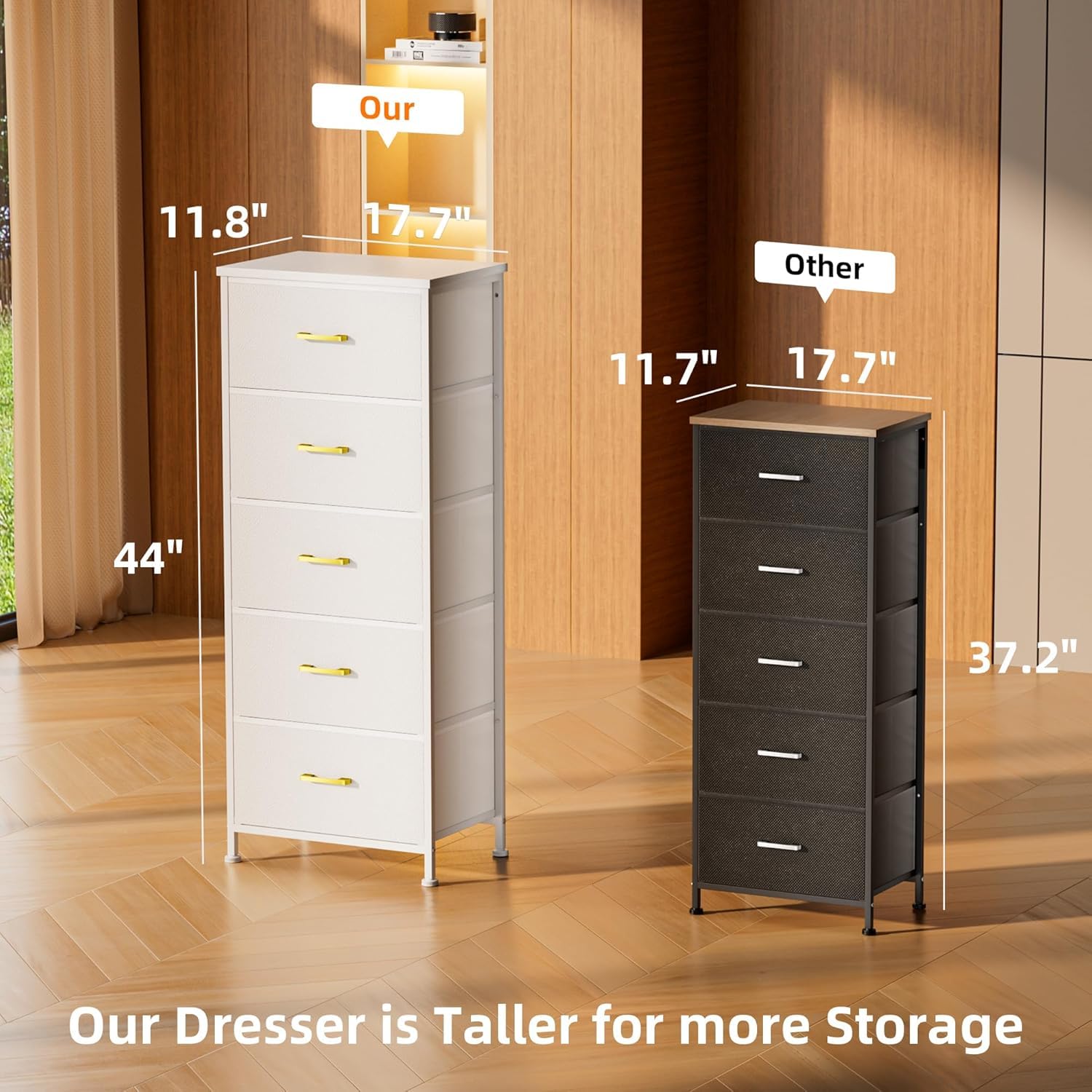 YILQQPER Tall Dresser with 5 Drawers, White Dresser for Bedroom, Tall Storage Tower for Closet, Nursery, Dorm, Dresser Organizer with Sturdy Steel Frame, Fabric Bins, Leather Finish, Wood Top, White