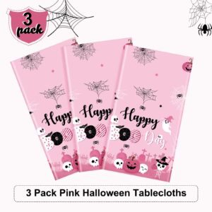 WovWeave 3 Pcs Halloween Tablecloth Happy Boo Day Tablecover Bulk Girl Boo Baby Shower Halloween Tablecloth Plastic Pink Halloween Decorations for Girl Halloween Birthday Party Supplies 108x54 Inch