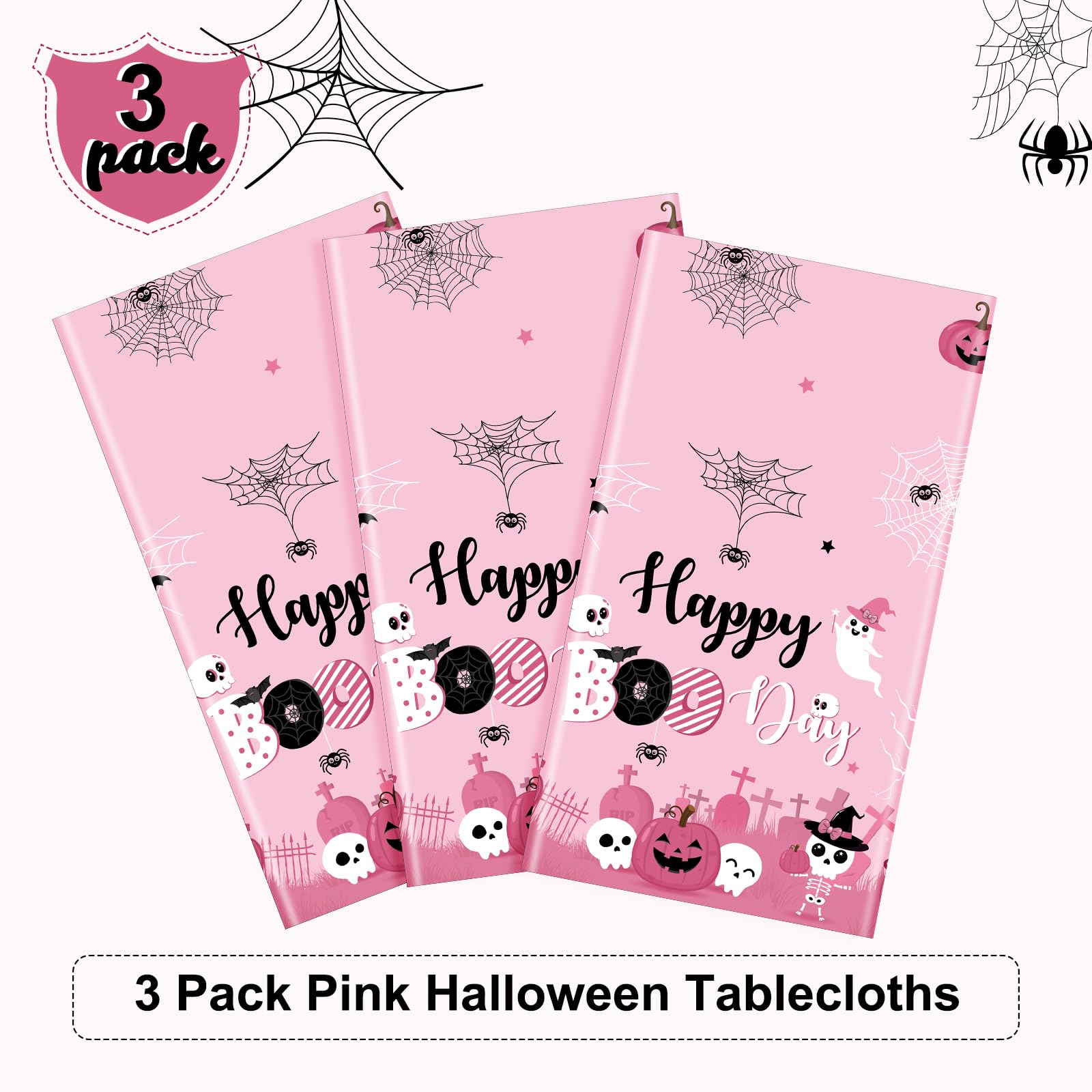 WovWeave 3 Pcs Halloween Tablecloth Happy Boo Day Tablecover Bulk Girl Boo Baby Shower Halloween Tablecloth Plastic Pink Halloween Decorations for Girl Halloween Birthday Party Supplies 108x54 Inch