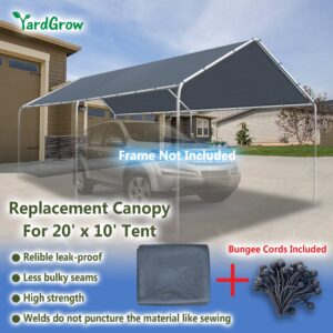 YardGrow 10x20ft Outdoor Carport Replacement Canopy Cover for Tent Car Shelter Top Tarp Cover w/Bungees, Carport Canopy Top Replacement Cover ONLY (Grey)