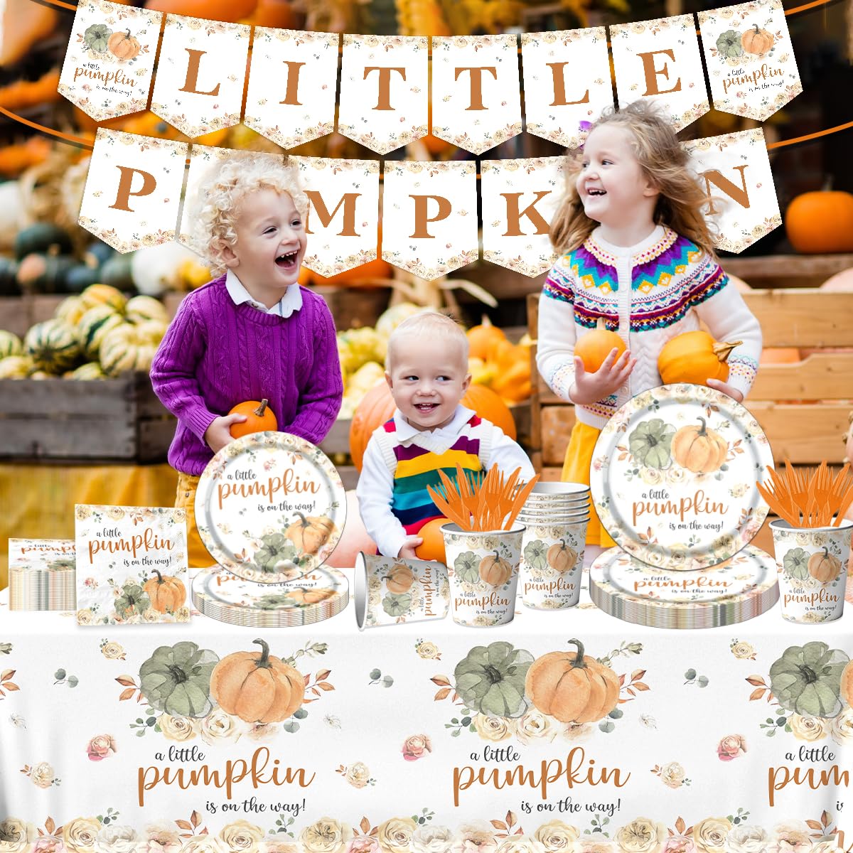 Little Pumpkin Baby Shower Tableware Party Decorations A Little Pumpkin is on The Way Fall Farm Pumpkin Floral Thanksgiving Party Supplies Disposable Tablecloth,Plates,Napkins,Cups