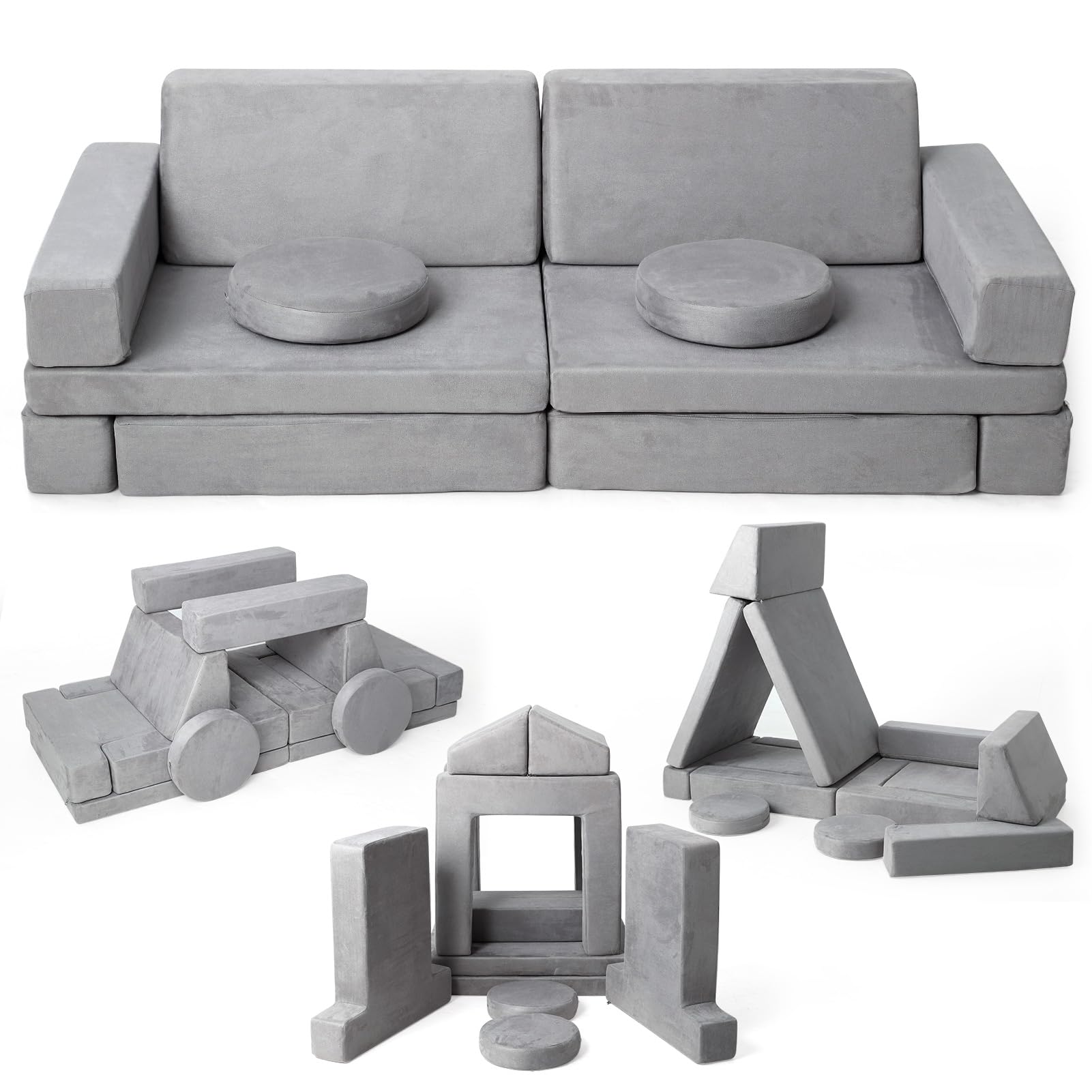 12 Pcs Modular Kids Play Couch, Convertible Sofa for Playing, Creating, Sleeping, Bedroom and Playroom Imaginative Furniture for Boys and Girls, Grey