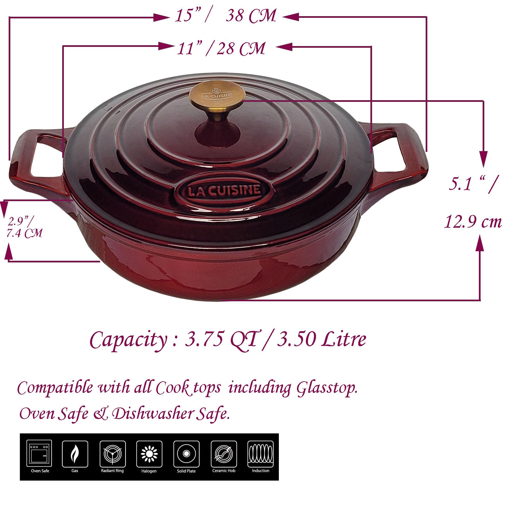 La Cuisine Enameled Cast Iron Braiser Braising Saute Pan Shallow Dutch Oven Casserole with Lid, 3.7 QT 11" Dia. Matte Black enamel coating Interior, Cranberry Enamel Finish Exterior, Gold-Plated SS Handle Lid, Oven-Safe up to 500° F