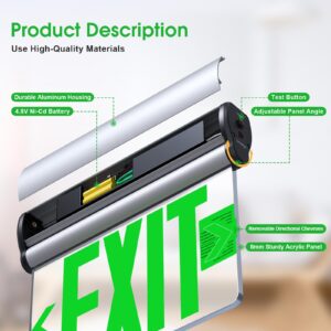 SASELUX Led Edge-Lit Exit Sign ,Brushed Aluminum Housing Single-Sided Clear Rotating Acrylic Panel,Hardwired Emergency Exit Signs with Battery Backup, 120V-347VAC,Green Led Emergency Exit Light for Business , UL Listed,Top/Side/Wall Mount(1 Pack)