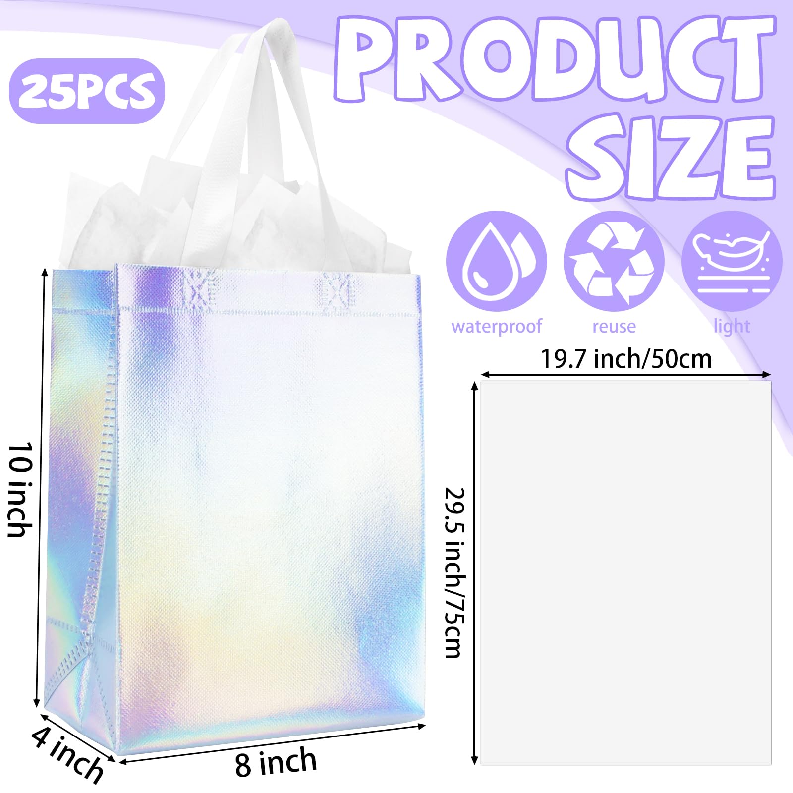 ISUSSER 25 Pack Holographic Gift Bags With White Handles Gift Bags with Tissue Papers Non Woven Reusable Handled Gift Bags Glossy Welcome Bags for Shopping Birthday Party Wedding, 8 x 4 x 10 Inch