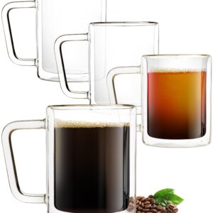 Eparé 16 oz Glass Coffee Mugs - Set of 4 - Clear Double Wall Glasses - Insulated Glassware With Handle - Large Espresso Latte Cappuccino or Tea Cup