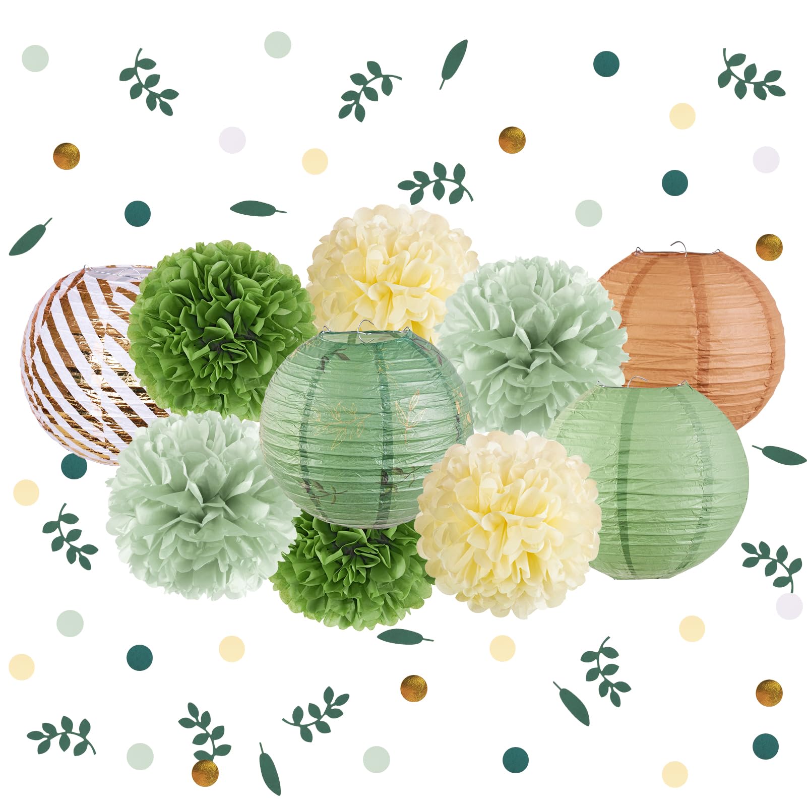 Sage Green Party Decorations with Paper Lanterns and Tissue Paper Pom Poms Green Hanging Decorations for Birthday Baby Shower Wedding Bridal Shower Graduation Party Decor