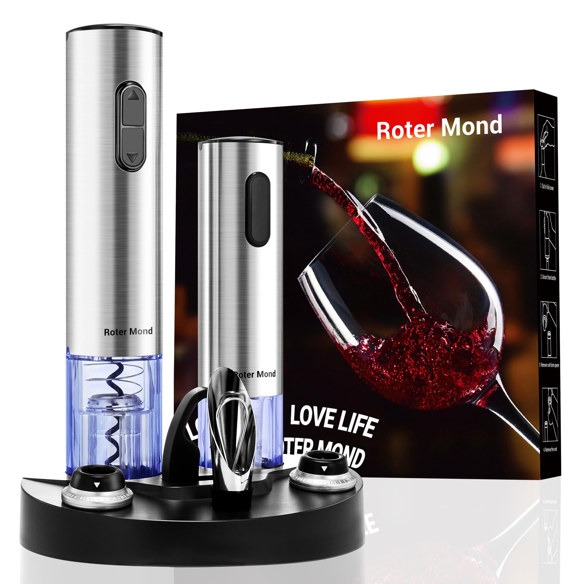 Electric Wine Opener Set, Roter Mond Automatic Wine Bottle Opener with Charging Base, 7-in-1 Wine Present with Wine Aerator Pourer Electric Vacuum Pump with 2 Stoppers Wine Foil Cutter for Home Party