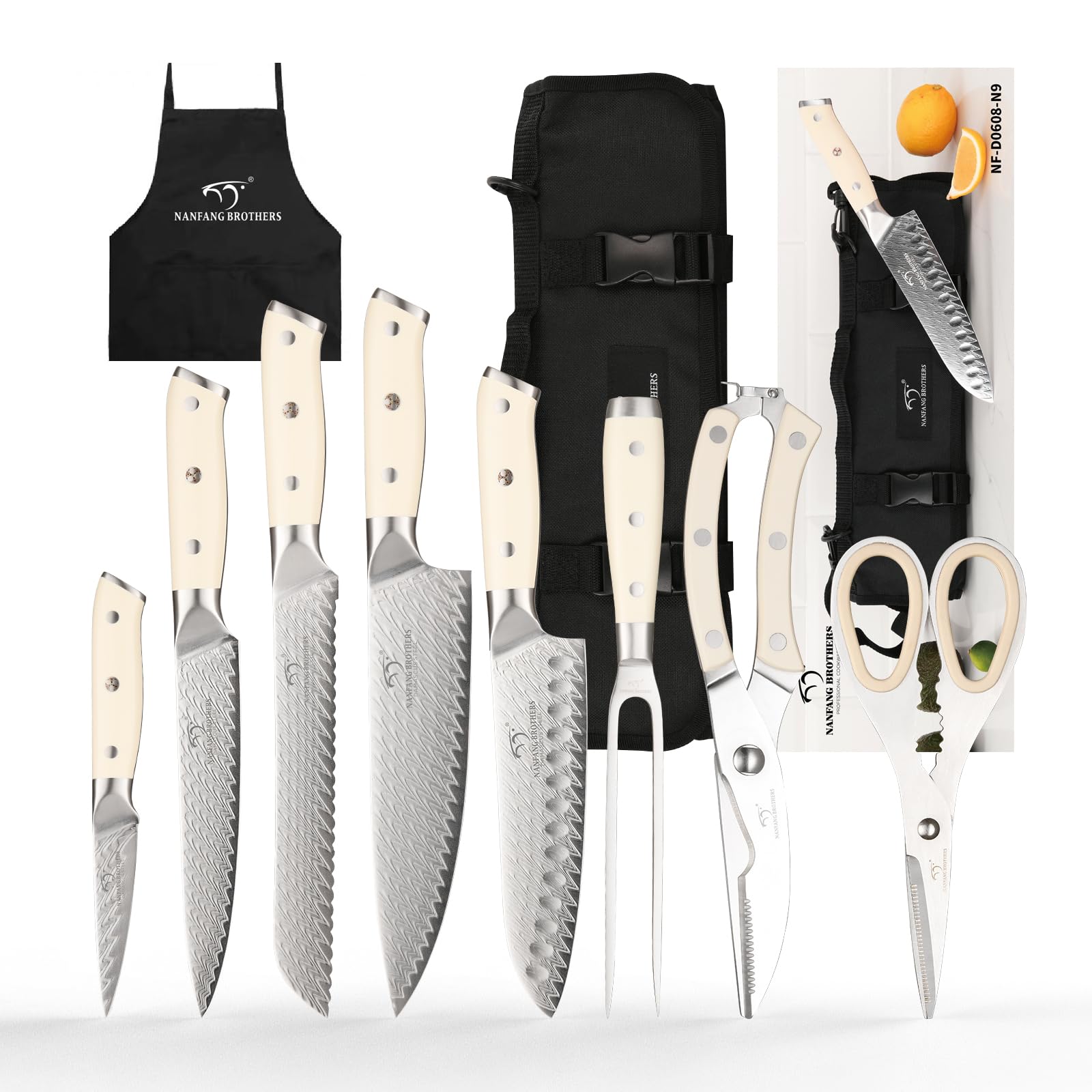 NANFANG BROTHERS Chef Knife Set with Bag, 9 Pieces Damascus Steel Chef Knives with Portable Knife Roll Storage Bag, Blade Guards, Carving Fork, Apron and Kitchen Shears for Outdoor Camping Travel