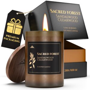 sacred forest cedar & sandalwood candle | scented candle for relaxing aromatherapy | 60h burn time | infused with essential oils | christmas gift | natural soy 8.81 oz