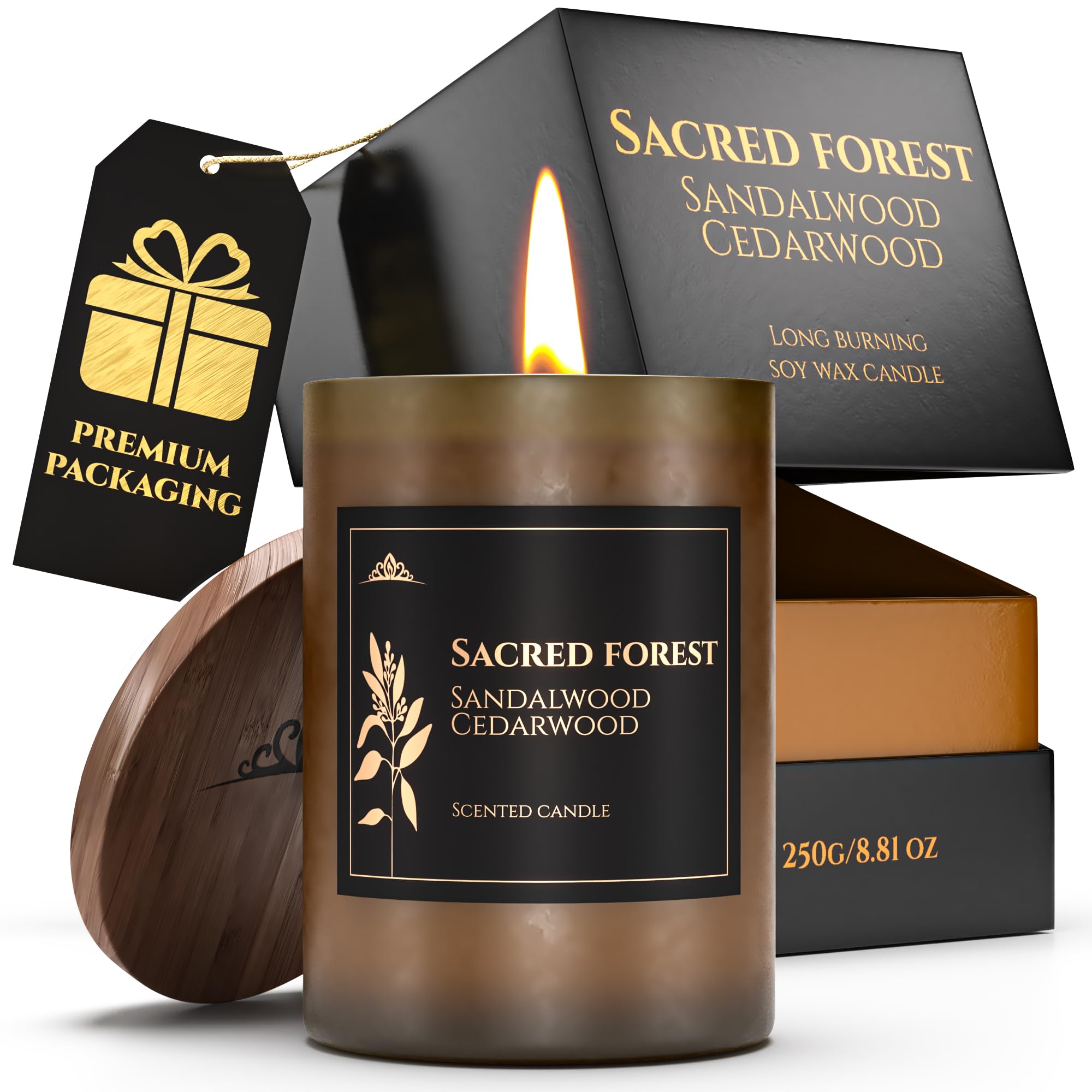 Sacred Forest Cedar & Sandalwood Candle | Scented Candle for Relaxing Aromatherapy | 60H Burn Time | Infused with Essential Oils | Christmas Gift | Natural Soy 8.81 Oz