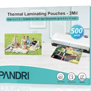 Laminating Sheets, PANDRI 500 Pack Thermal Laminator Pouches Holds 8.5 x 11 Inch, 3 Mil Clear Laminator Paper 9 x 11.5 Inch, Letter Size