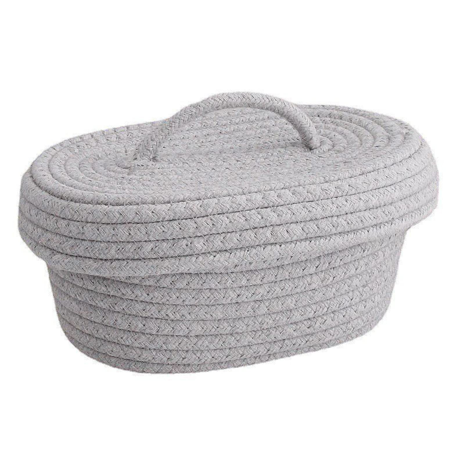 Desktop Storage Box with Lid, Handmade Cotton Rope Storage Basket for Makeup Sundries Snack Needles(Gray)