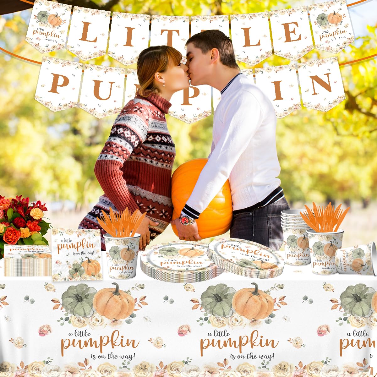 Little Pumpkin Baby Shower Tableware Party Decorations A Little Pumpkin is on The Way Fall Farm Pumpkin Floral Thanksgiving Party Supplies Disposable Tablecloth,Plates,Napkins,Cups