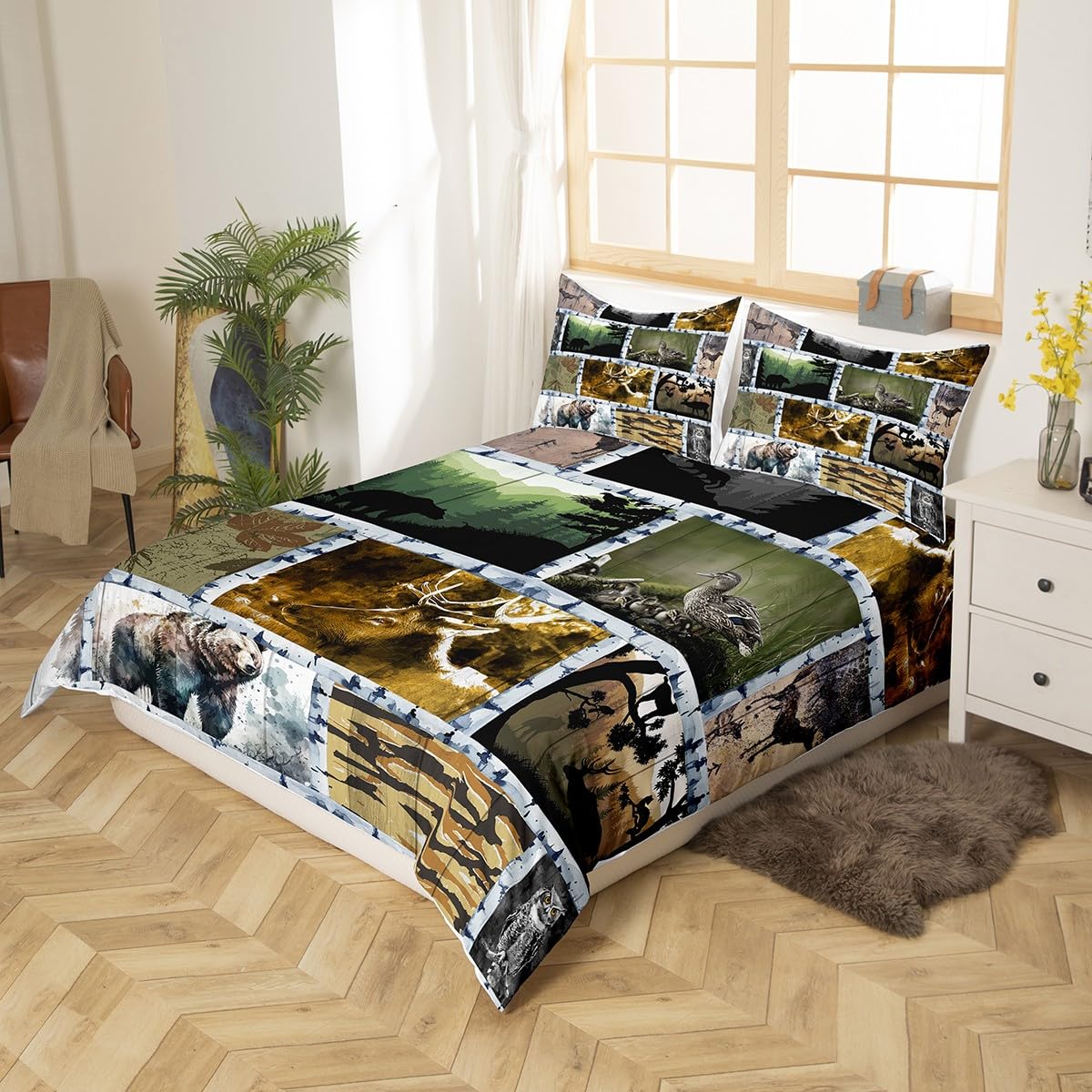 Deer Hunting Bedding Set Farmhouse Decor,Duck Reindeer Bear Woodland Animals Wildlife Duvet Cover Queen for Adult Women Men,Jungle Plant Pine Trees Bed Set,Tree Branches Camouflage Quilt Cover