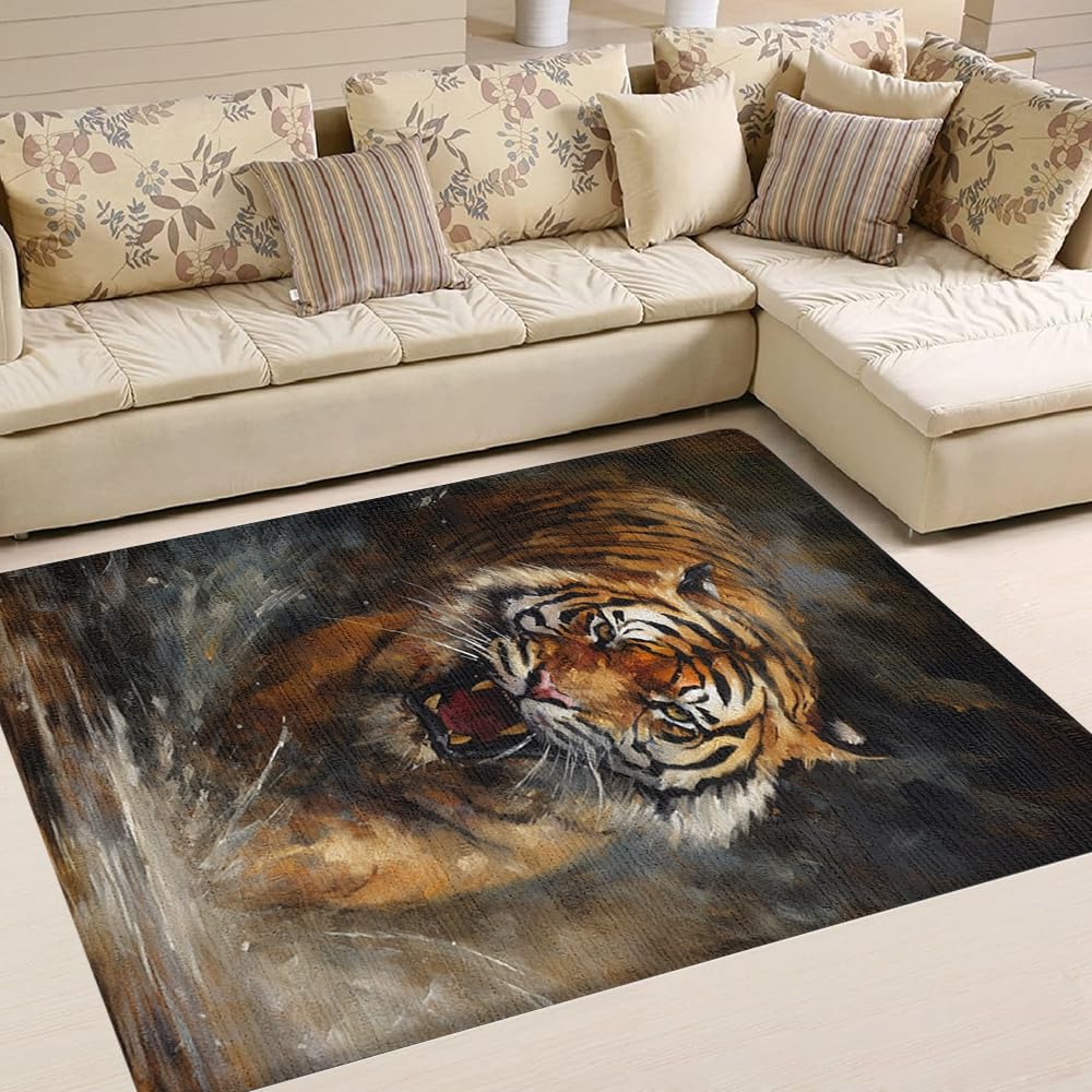 Tiger Carpet - Angry Tiger Growls Rug, Tiger Decor Animal Print Carpet Tiger Area Rug Jungle Rug Animal Print Rugs for Living Room Nice Gift for Tiger Lovers Tiger Theme Rug Girls Bedroom Decor