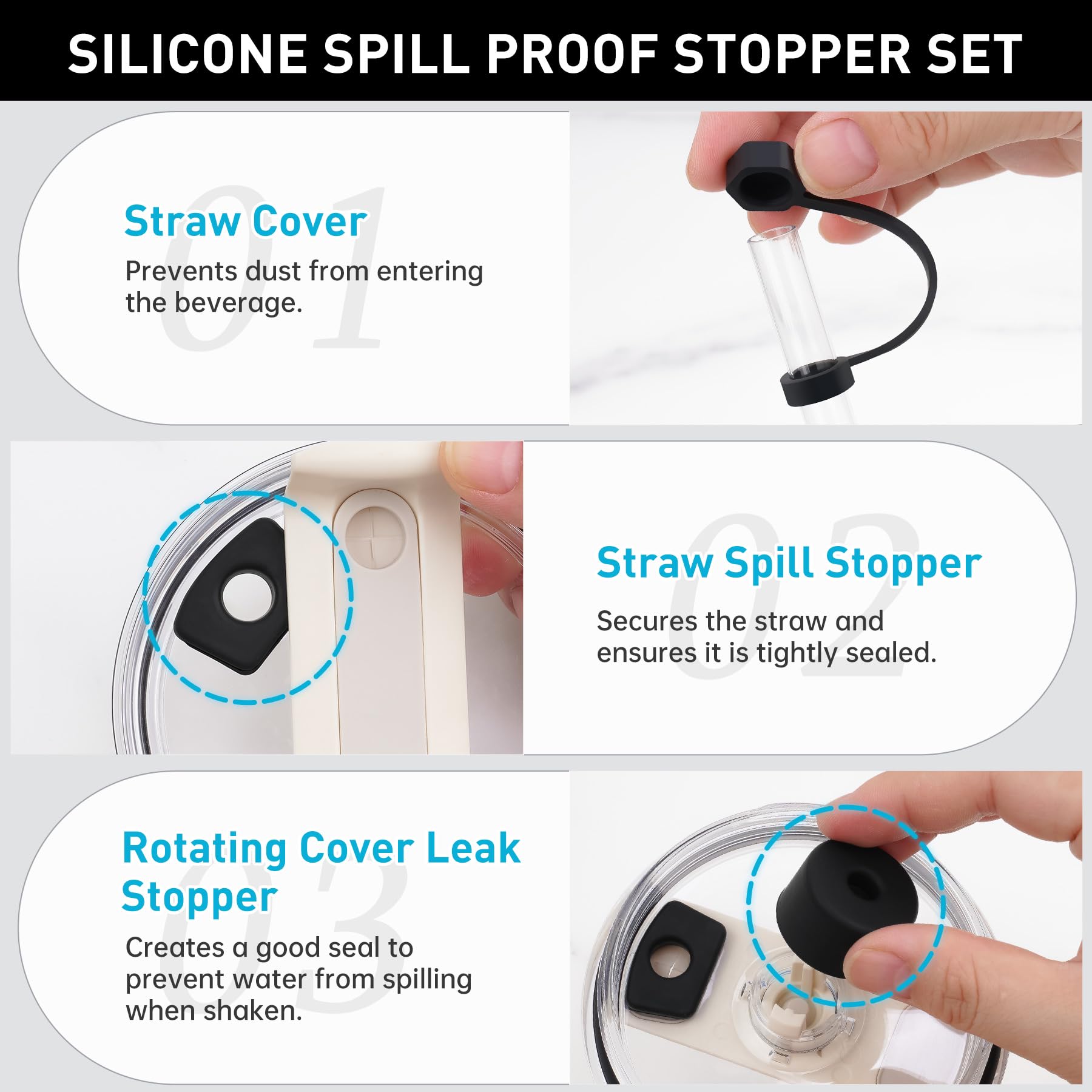 NiHome Food-Grade Silicone Spill Proof Stopper 6-Pack, Easy Installation Precision-Fit Large Leak Stoppers for Stanley 2.0 Tumblers 40 oz/30 oz, Complete Kit with Straw Covers, Stabilizers & Lid Seals