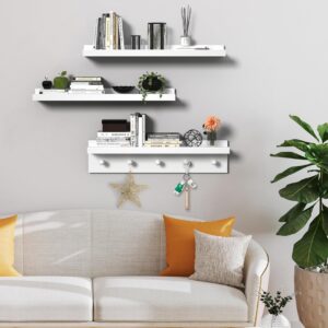 MBYD Picture Shelf Ledge, 24 Inch Floating Shelves for Wall, Nursery Book Shelves with Hooks Set of 3, Floating Shelf Wall Mounted for Bathroom,Kids Room, Living Room, Kitchen White