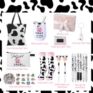 Aliceset 66 Pcs Cow Gift Set Cow Stuff Cow Tote Bags Cosmetic Purse 20 oz Stainless Steel Cow Print Tumbler Cute Cow Socks Keychain Stickers Box Cow Pen for Graduation Teachers Gifts Cow Lover Gifts