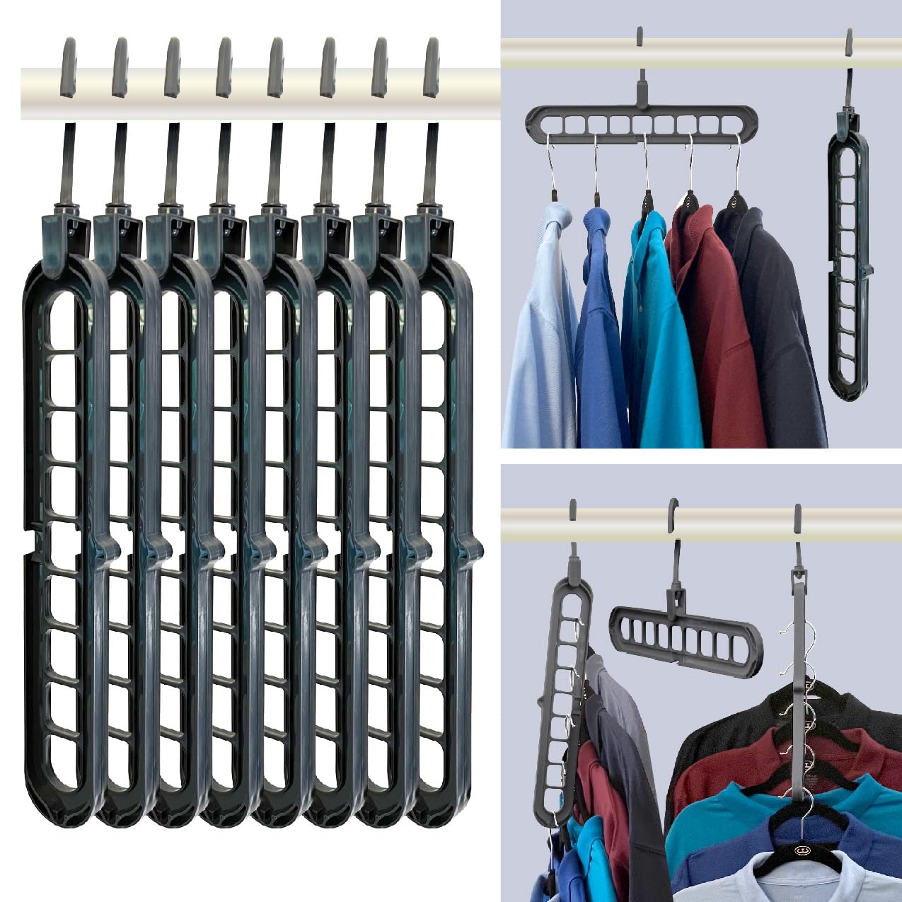 Wonder Hanger Slide Space Saving Clothes Hanger Organizer 8-Pack Easily Cascades Down to Maximize Closet Storage, Each Hanger includes 9 Slots holds 72 Garments (Grey)