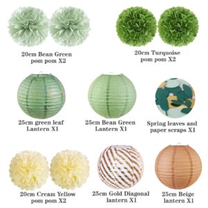 Sage Green Party Decorations with Paper Lanterns and Tissue Paper Pom Poms Green Hanging Decorations for Birthday Baby Shower Wedding Bridal Shower Graduation Party Decor