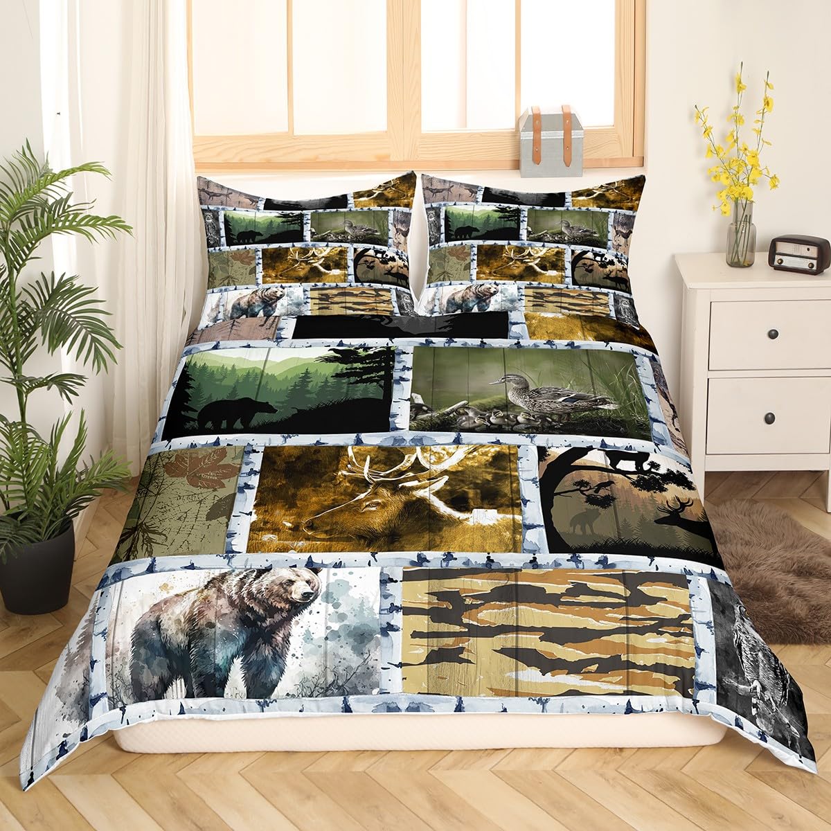 Deer Hunting Bedding Set Farmhouse Decor,Duck Reindeer Bear Woodland Animals Wildlife Duvet Cover Queen for Adult Women Men,Jungle Plant Pine Trees Bed Set,Tree Branches Camouflage Quilt Cover