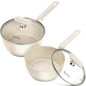 michelangelo sauce pan, nonstick granite sauce pan set with lids 1.5 quart & 2.5 qaurt, small pot set with lids, nonstick saucepans with lid, stone pot set - white