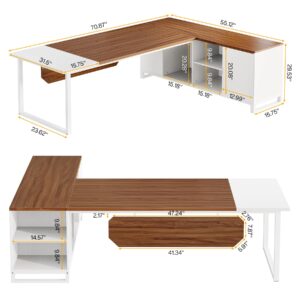 Tribesigns 70.8" Executive Desk with 55" File Cabinet, Modern L Shaped Computer Desk with Storage Shelves and Cabinet, Large L Shaped Executive Desk for Home Office, Walnut & White