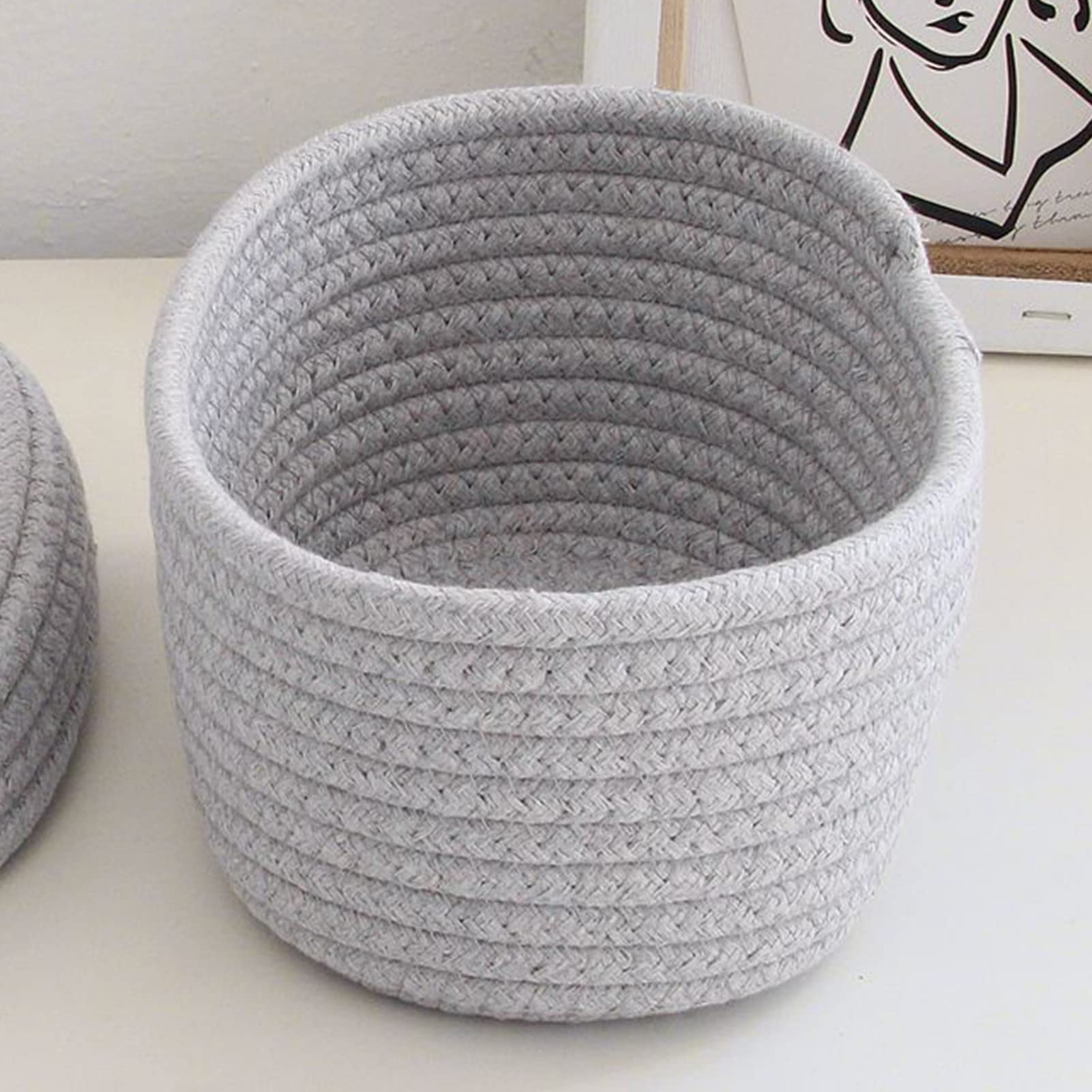 Desktop Storage Box with Lid, Handmade Cotton Rope Storage Basket for Makeup Sundries Snack Needles(Gray)