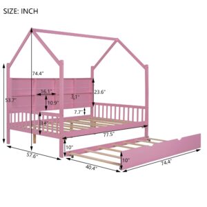 Full House Bed with Trundle and Storage Shelves, Montessori Bed Full Size Platform Bed Frame with Roof, Tent Bed, Solid Wood Playhouse Bed for Kids Teens Girls Boys (Full Size, Pink)