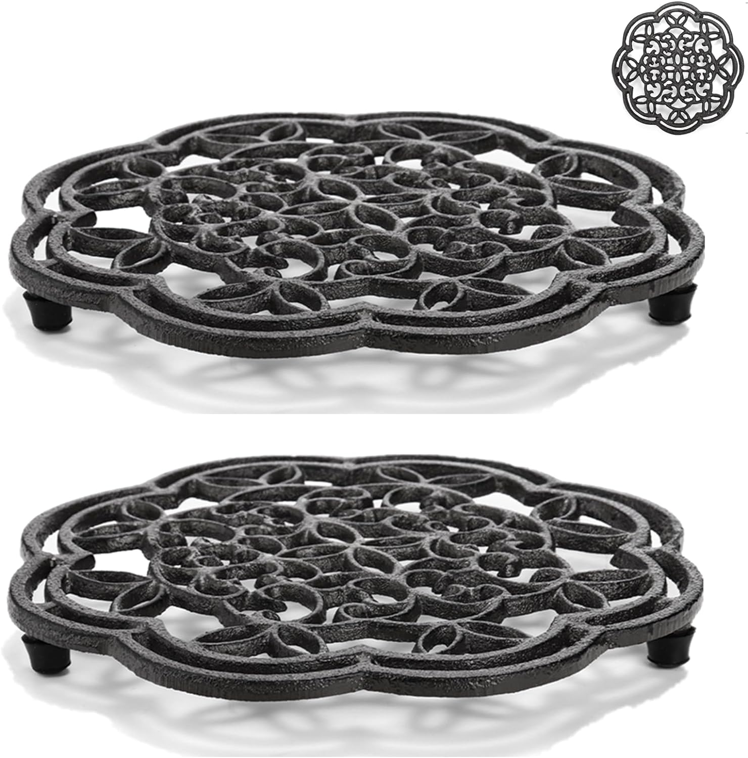 Yopay 2 Pack Cast Iron Trivet Heavy Duty, 7.7 inch Round Metal Trivet for Hot Pans or Teapot, Rustproof Pot Stands Holders with Rubber Pegs for Countertop, Dining Table, Kitchen Farmhouse Decoration