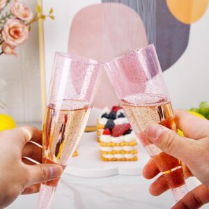 WDF 36 Pack Pink Glitter Plastic Champagne Flutes - 7OZ Pink Champagne Flutes Plastic, Champagne Glasses Glitter Pink Champagne Flutes, Plastic Flutes Champagne Disposable for Party & Wedding