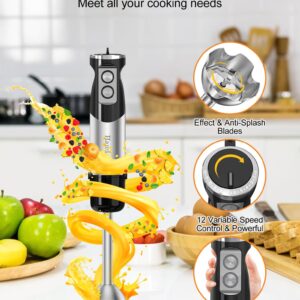 Handor 6-in-1 Hand Immersion Blender, 1000W 12 Speed Handheld Blender with 600ml Beaker, 500ml Chopper, Egg Whisk, Milk Frother, Stainless Steel Blades for Soup, Smoothie, Puree