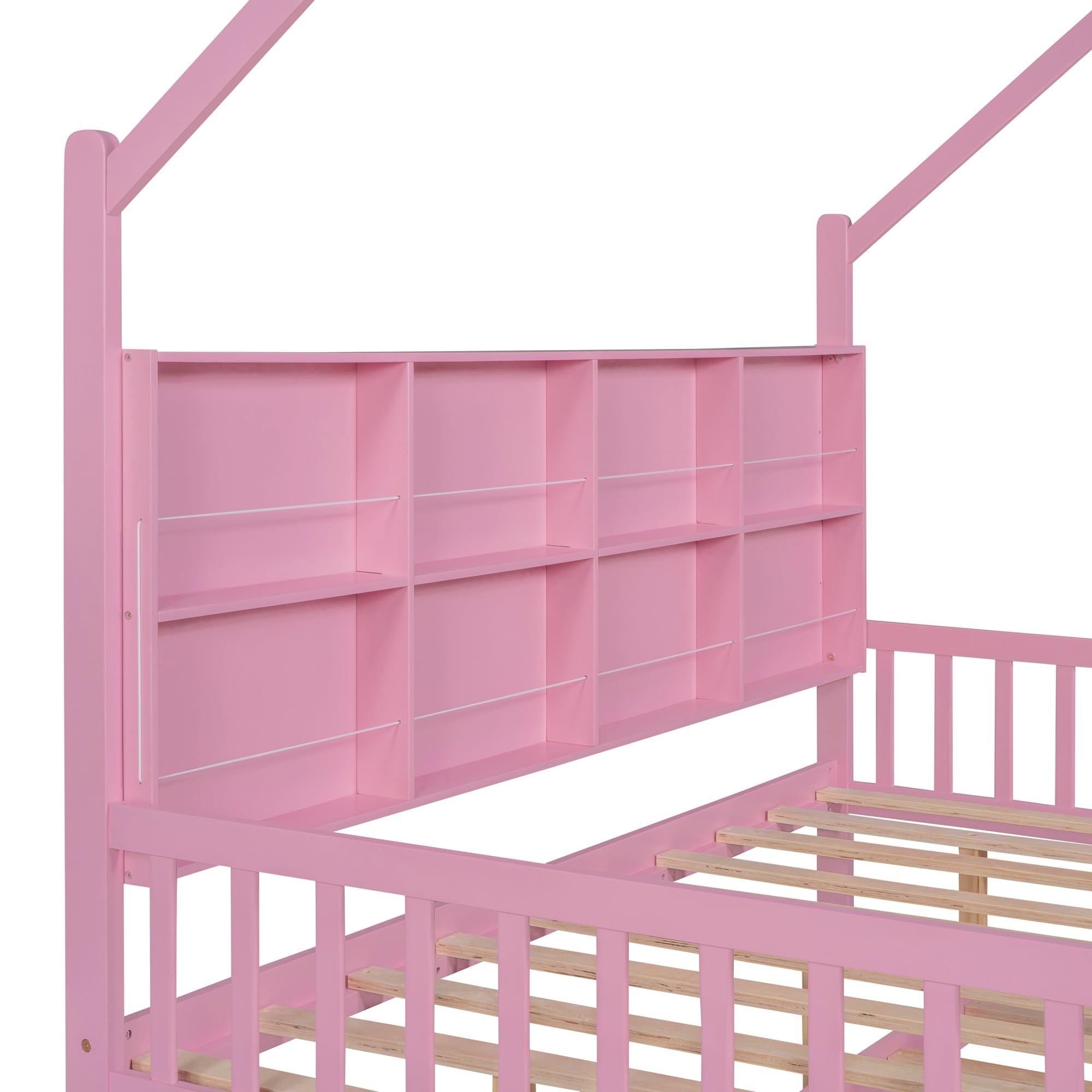 Harper & Bright Designs Full Size House Bed with Trundle, Wood Full House Bed Frame with Shelf Compartment, Full House Bed for Kids with Roof for Girls, Boys,No Box Spring Needed, Pink