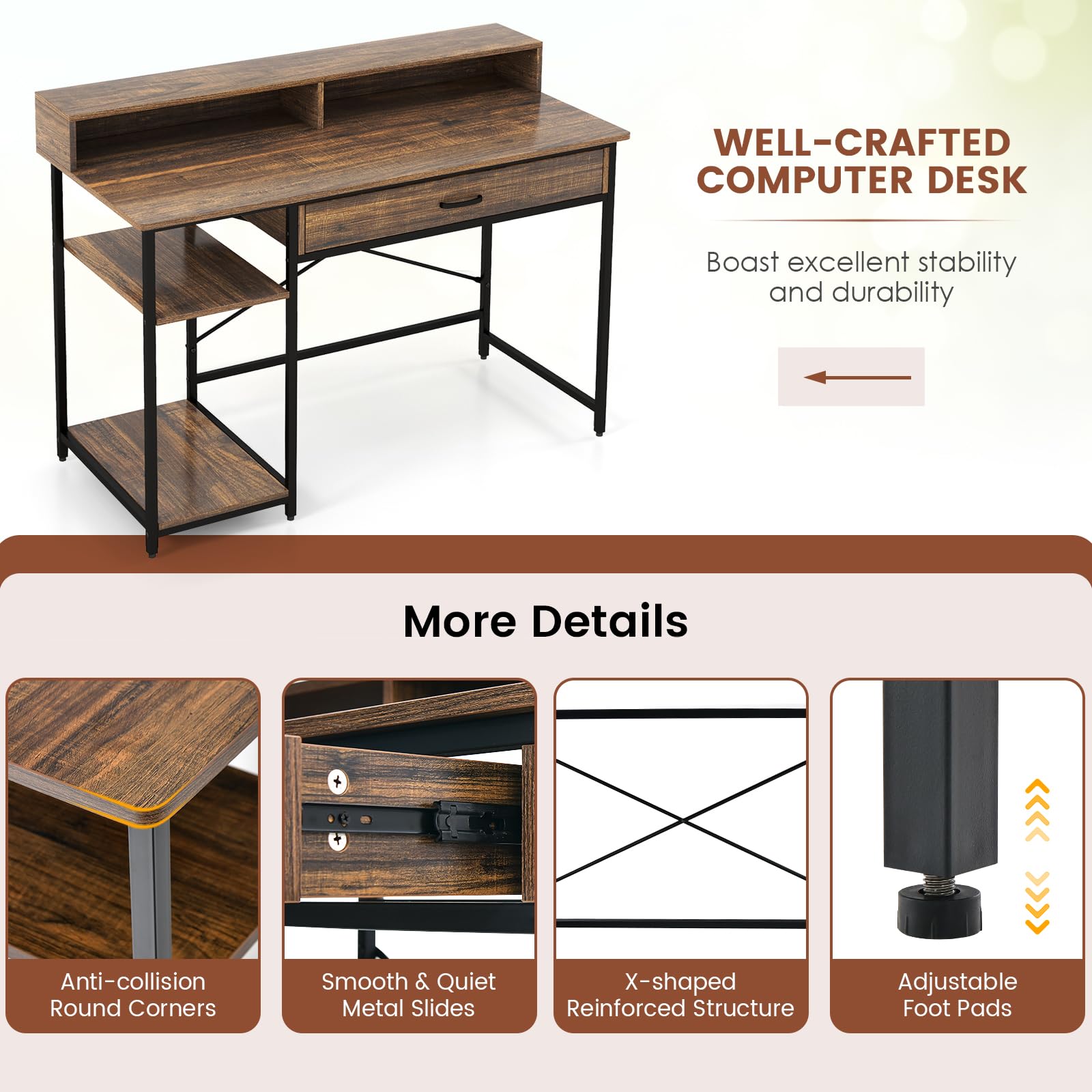 Tangkula Computer Desk with Storage Drawer & Monitor Stand, 48” Home Office Writing Desk with 2 Open Shelves & Compartments, Computer Workstation Writing Study Desk with Metal Frame (Rustic Brown)