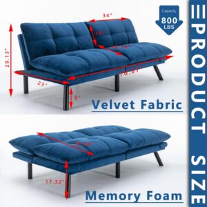 70" Futon Sofa Bed Couch,Convertible Modern Sleeper Sofa Couch with Metal Legs,Folding Loveseat Sofa with Adjustable Backrest for Living Room,Bedroom,Office,Small Space (Blue)