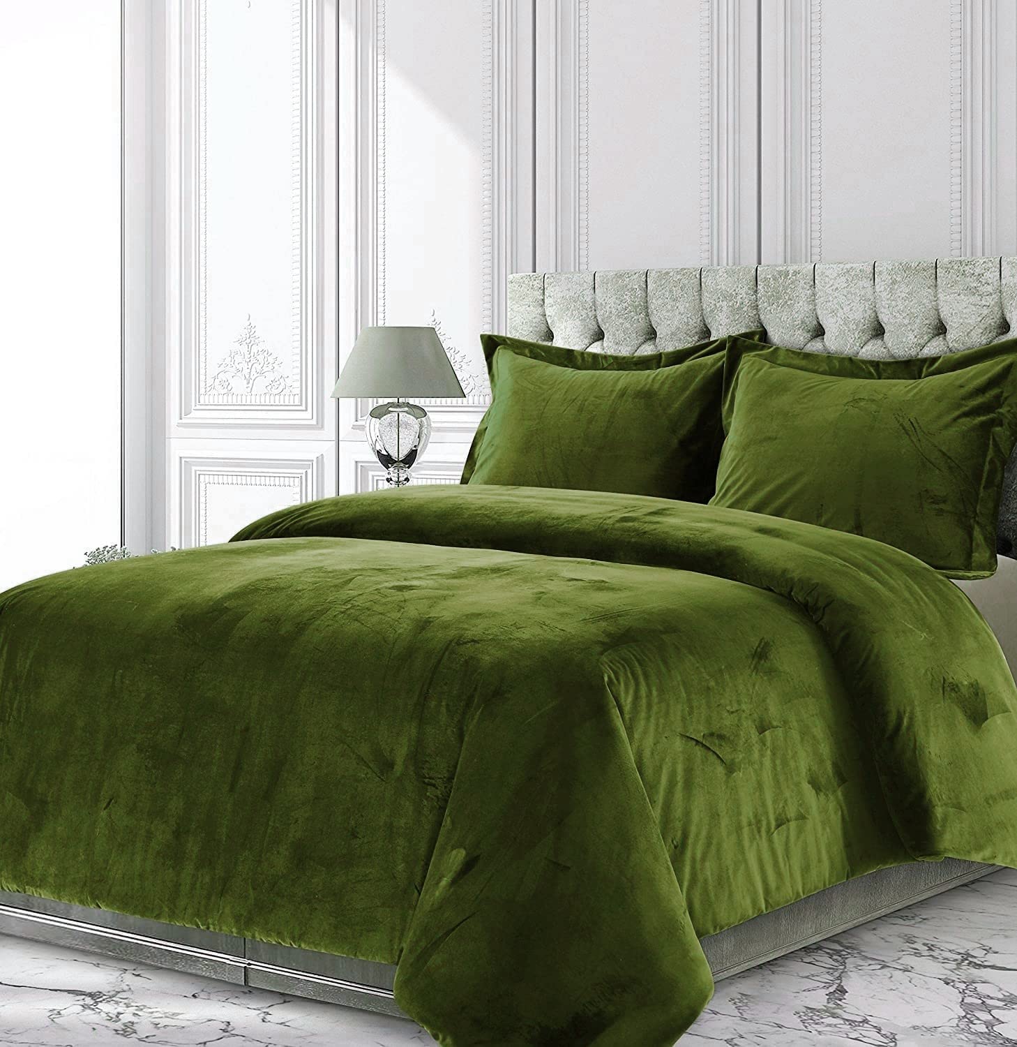 QualityBeddingHub Venice Velvet Duvet Cover Set Oversized King 3 Piece (Duvet Cover + 2 Pillowcases) Olive Zipper Closure Duvet Cover Premium Venice Velvet Lush Duvet Cover Sherpa