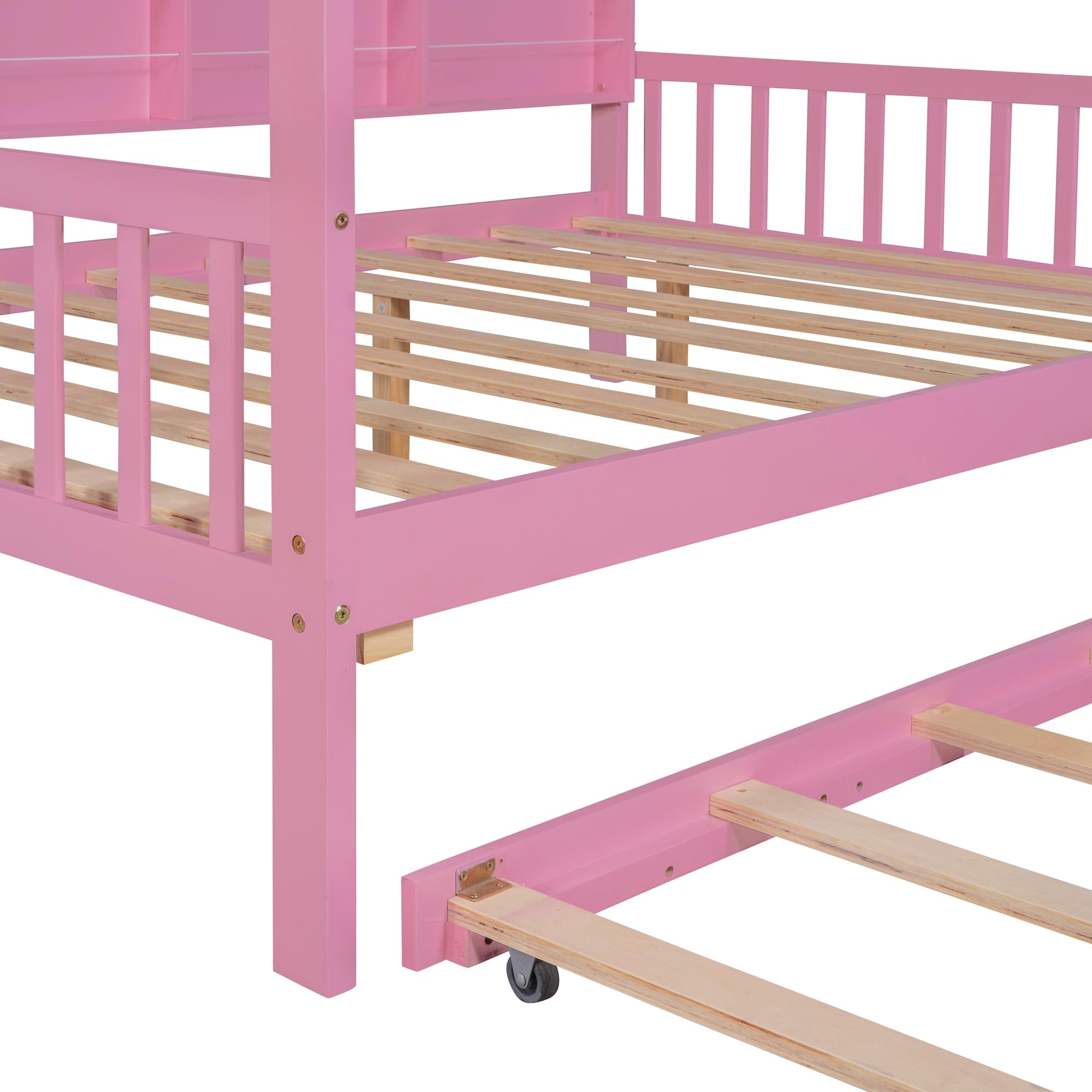 Harper & Bright Designs Full Size House Bed with Trundle, Wood Full House Bed Frame with Shelf Compartment, Full House Bed for Kids with Roof for Girls, Boys,No Box Spring Needed, Pink