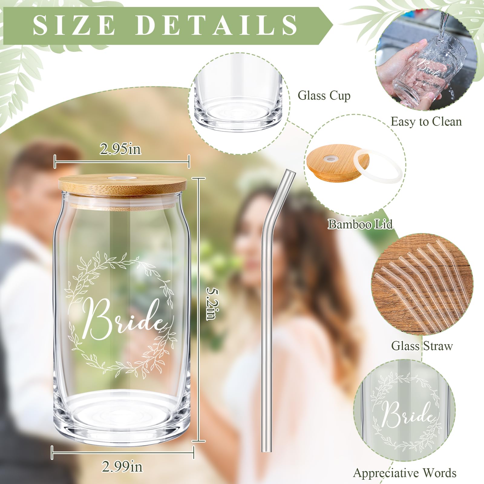 Layhit 10 Pcs Bridesmaid Gifts Bridesmaid Proposal Gifts 16 Oz Cute Can Shaped Drinking Glasses with Bamboo Lids and Glass Straw Iced Coffee Cup Mason Jar Cups for Engagement Wedding Bridal Shower