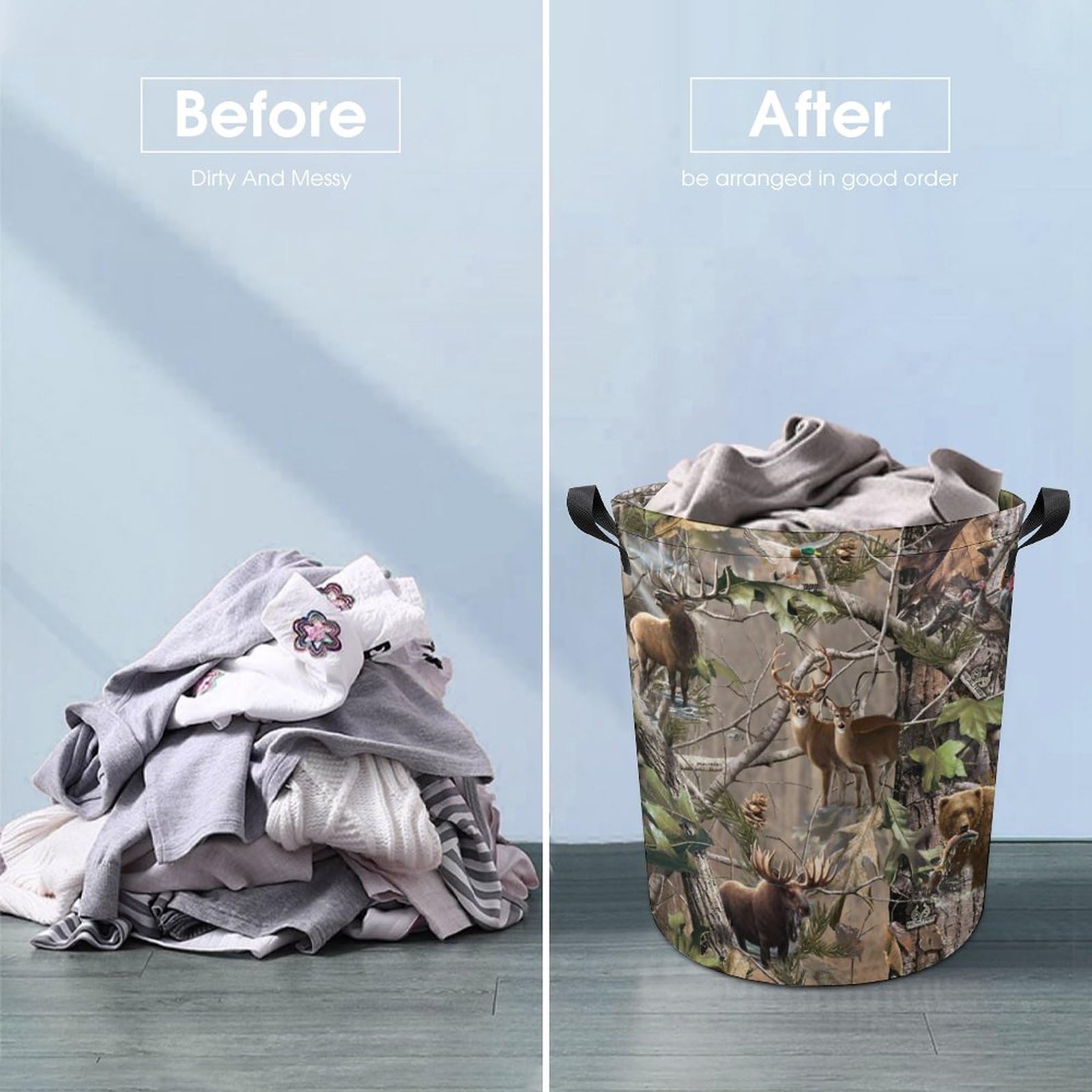 Camo Deer Camouflage Hunting Laundry Hamper with Handles Collapsible Storage Basket Laundry Basket