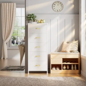 YILQQPER Tall Dresser with 5 Drawers, White Dresser for Bedroom, Tall Storage Tower for Closet, Nursery, Dorm, Dresser Organizer with Sturdy Steel Frame, Fabric Bins, Leather Finish, Wood Top, White