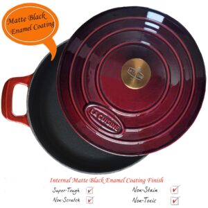 La Cuisine Enameled Cast Iron Braiser Braising Saute Pan Shallow Dutch Oven Casserole with Lid, 3.7 QT 11" Dia. Matte Black enamel coating Interior, Cranberry Enamel Finish Exterior, Gold-Plated SS Handle Lid, Oven-Safe up to 500° F