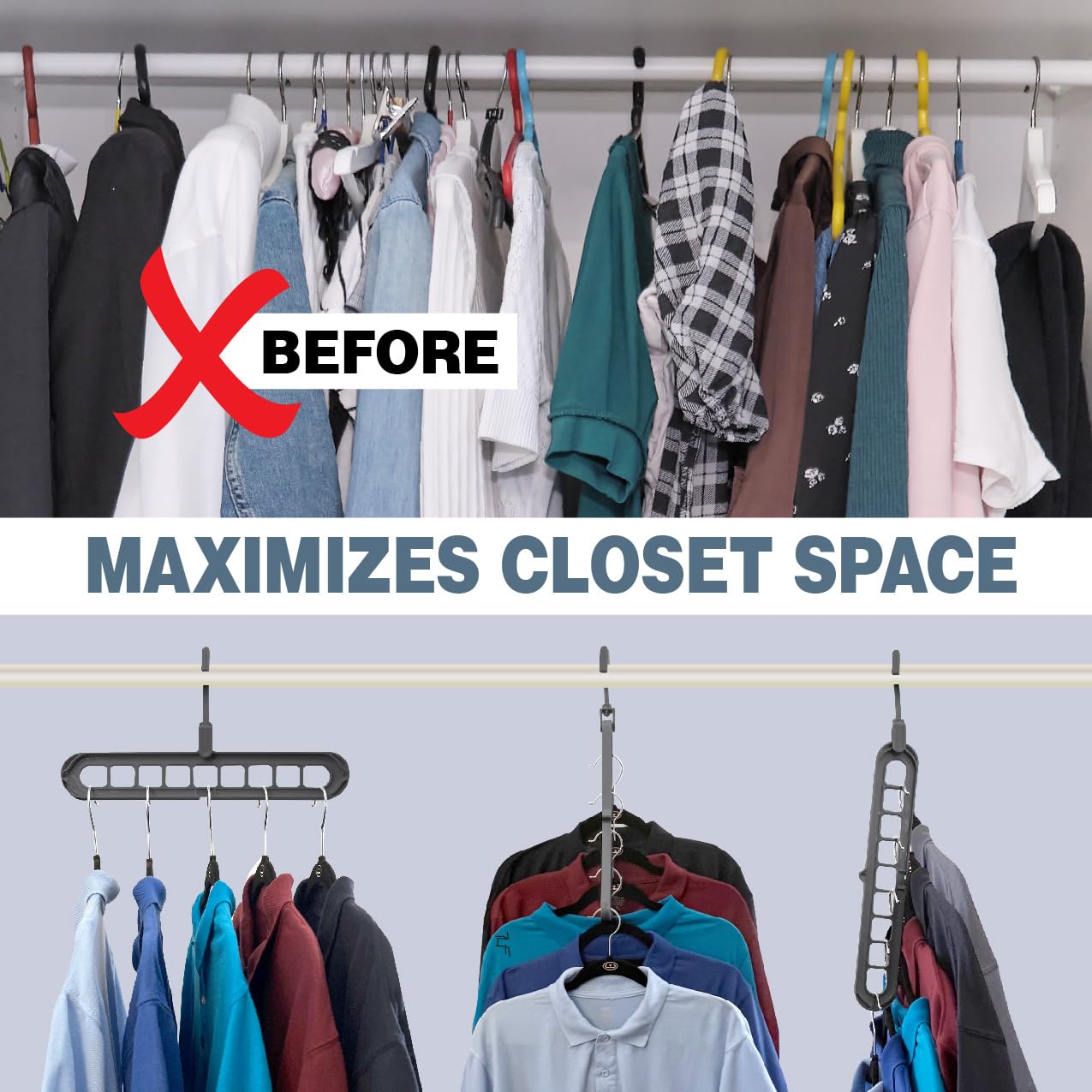 Wonder Hanger Slide Space Saving Clothes Hanger Organizer 8-Pack Easily Cascades Down to Maximize Closet Storage, Each Hanger includes 9 Slots holds 72 Garments (Grey)