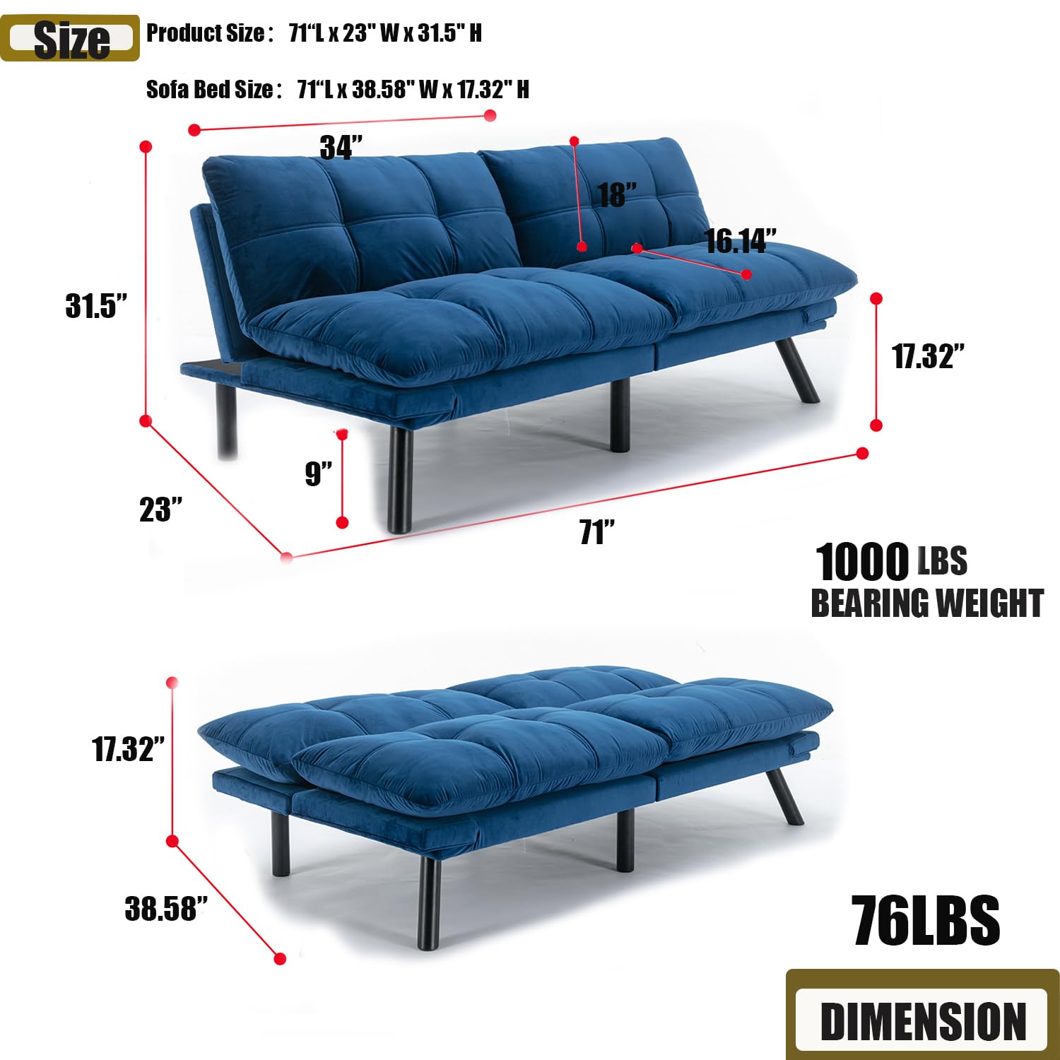 70" Futon Sofa Bed Couch,Convertible Modern Sleeper Sofa Couch with Metal Legs,Folding Loveseat Sofa with Adjustable Backrest for Living Room,Bedroom,Office,Small Space (Blue)