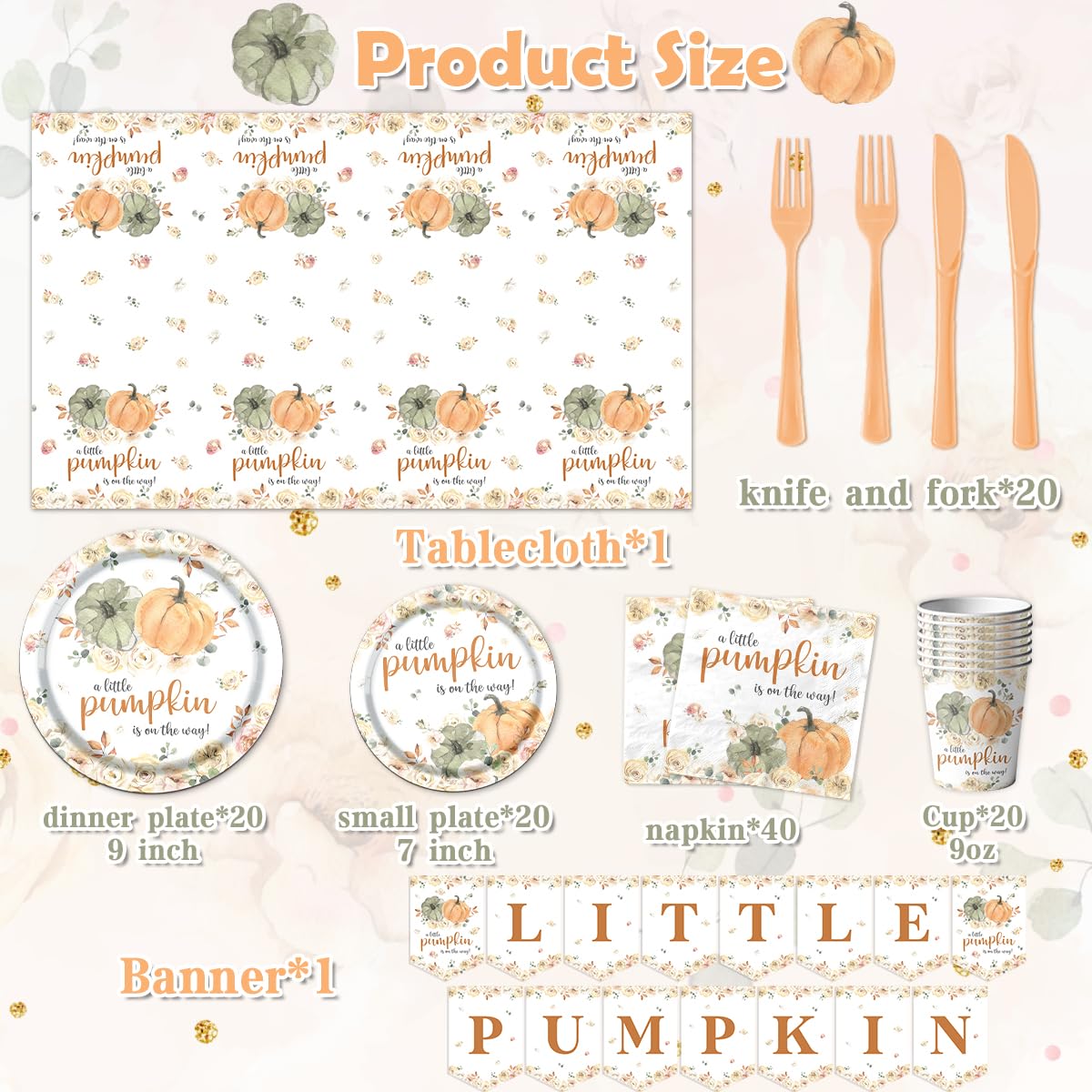 Little Pumpkin Baby Shower Tableware Party Decorations A Little Pumpkin is on The Way Fall Farm Pumpkin Floral Thanksgiving Party Supplies Disposable Tablecloth,Plates,Napkins,Cups